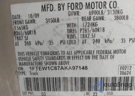 2010 Ford F-150 Fx2 Sport/Xl/Xlt z USA, uszkodzony, nr VIN 1FTEW1C87AKA97148